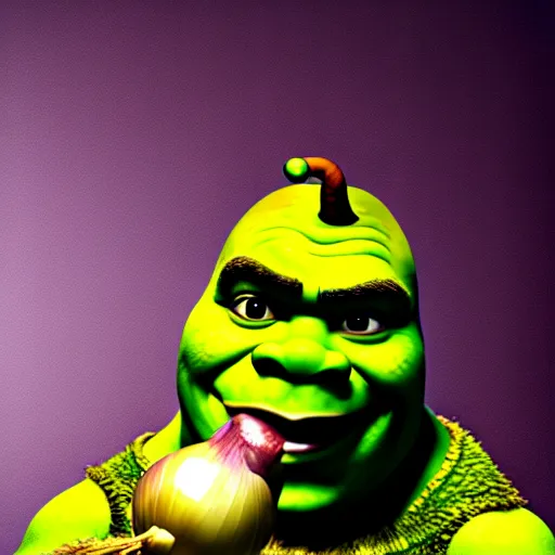 Prompt: a stock photo of shrek eating an onion, 8 k, ultra - realistic, white background, face cluse - up