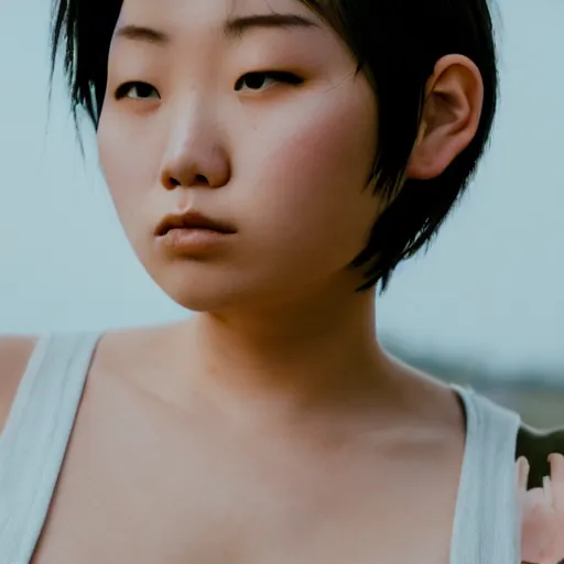 Prompt: beautiful gorgeous curvy Japanese edgy model girl with short hair, she's sad, sunset, 80mm lens, 1.2 aperture, grainy image, close up