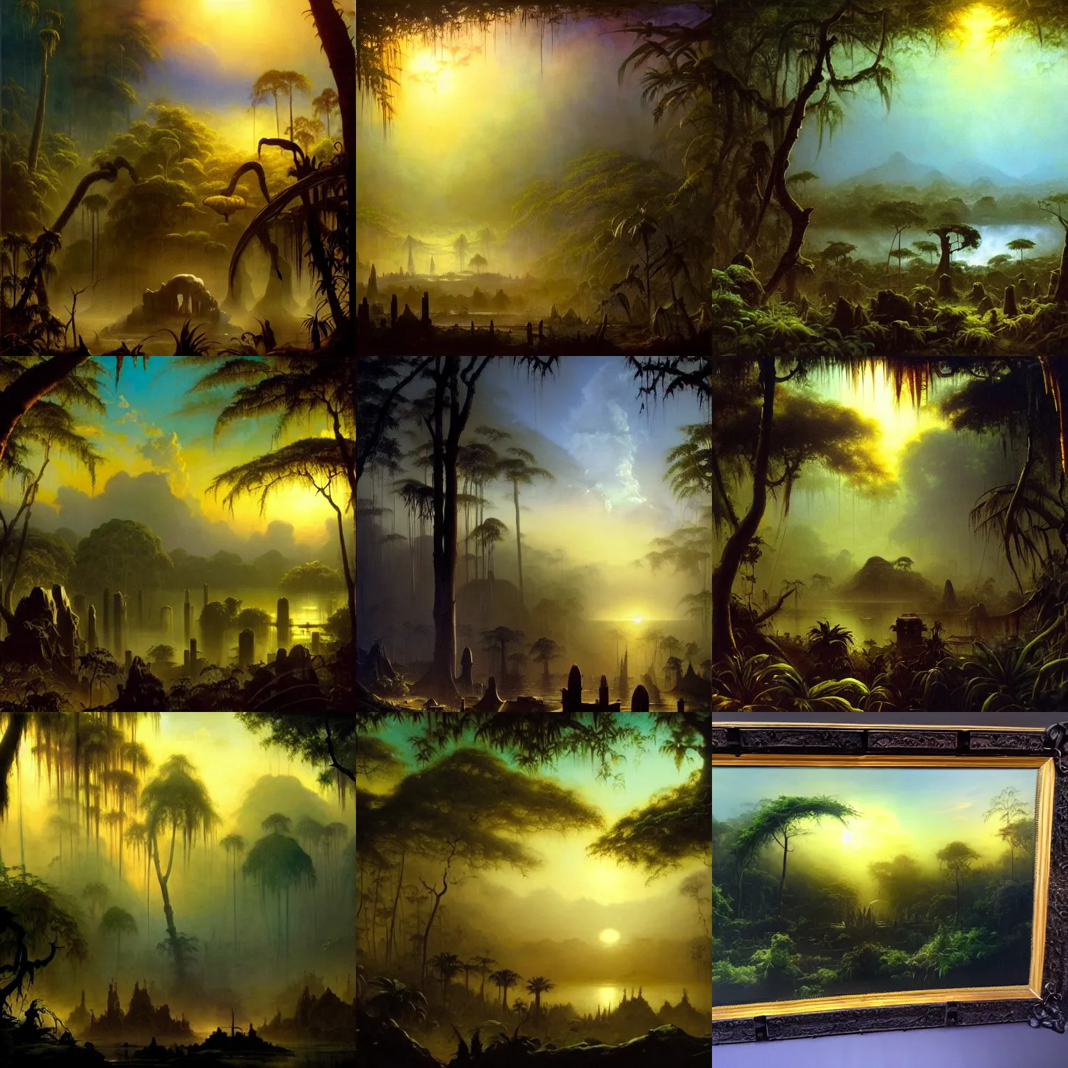 Prompt: dark foggy backlit jungle with lake, backlit graveyards and muscular oversized skeleton silhouette backlit, cyan atmosphere , very detailed oil painting by frazetta with visible brushmarks, dramatic clouds , sunset panorama