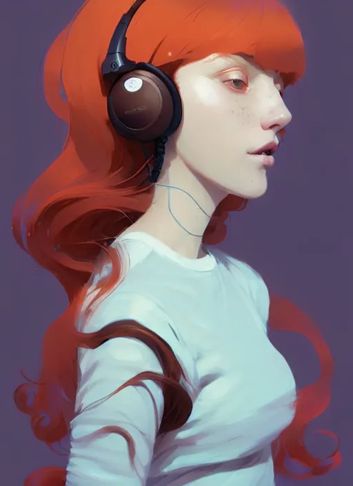 Prompt: beautiful artistic - wave highly detailed full body portrait female, with head phones, long red hair, perfect body anatomy, by atey ghailan, by greg rutkowski, by greg tocchini, by james gilleard, by joe fenton, by kaethe butcher, dynamic lighting, gradient light blue, brown, blonde cream and white color scheme, grunge aesthetic