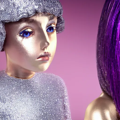 Prompt: girl with silver-violet hair, white eyes and golden glittery dress, wide lens, diorama, 4k,