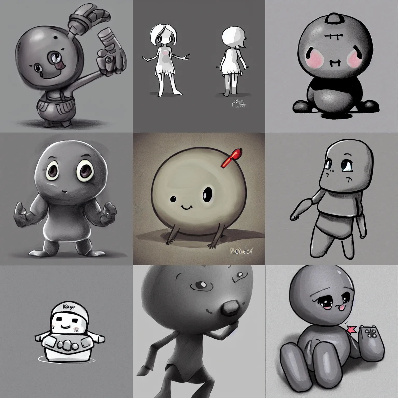 Prompt: kawaii gray petite happy boulder with stubby arms and legs, video game concept art, sketch by psdelux