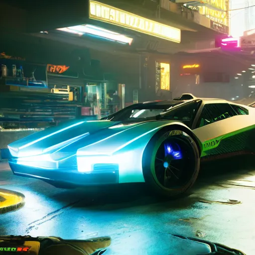 Image similar to Cyberpunk 2077 super car, cinematic lighting, 8k, high resolution, hyper-detailed ,beautiful, hyper realistic