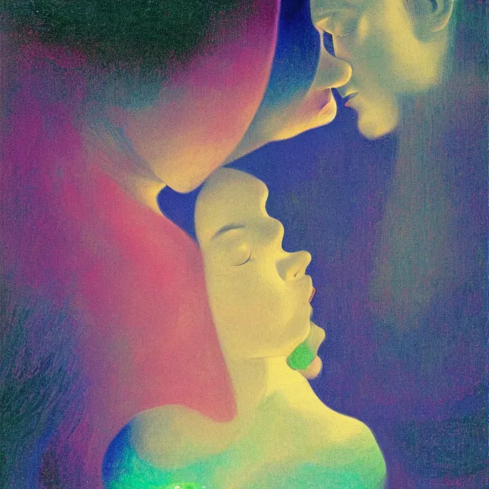 Prompt: close portrait of woman and man kissing. aurora borealis. iridescent, vivid psychedelic colors. painting by fra angelico, agnes pelton, utamaro, monet
