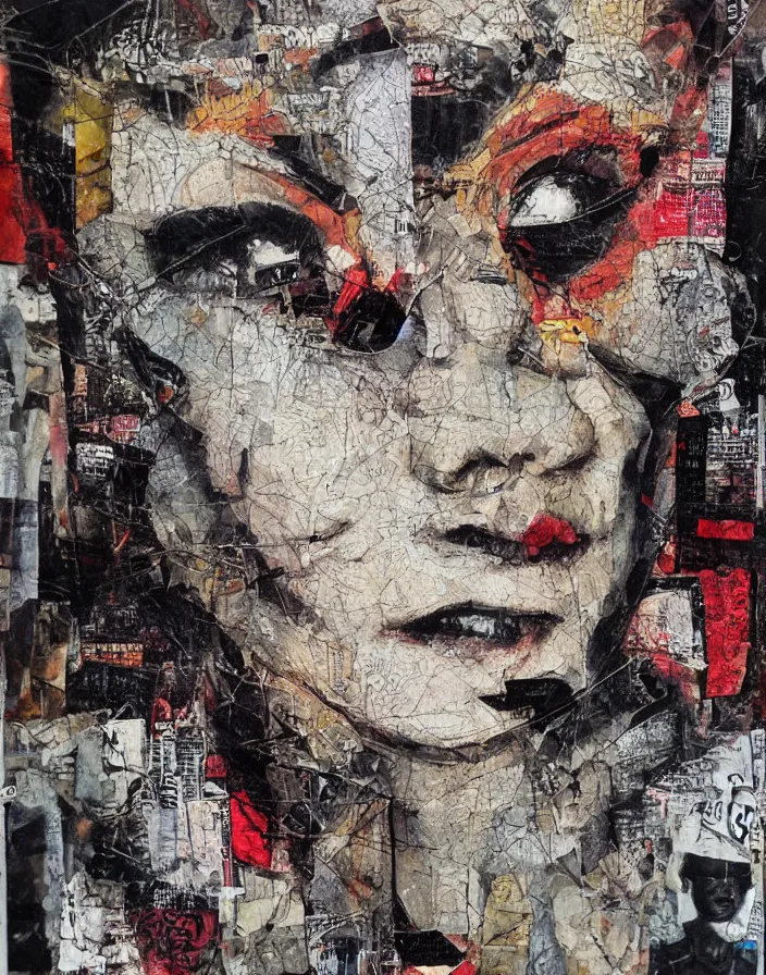 Prompt: vicious connection between us detailed and highly reliefed analogue mixed media collage with canvas texture in style of conteporary art, punk art, photorealistic, expressionism, masterpiece, perfect composition, hyperrealistic face, spectacular quality, intricate oil details