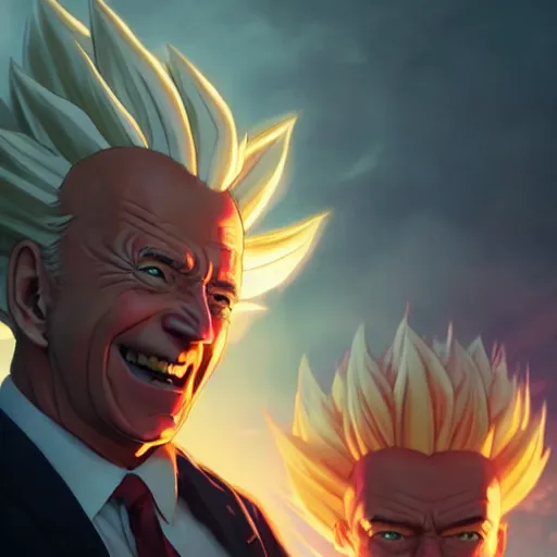 Image similar to biden super saiyan, cinematic lighting, highly detailed, concept art, art by wlop and artgerm and greg rutkowski, masterpiece, trending on artstation, 8 k