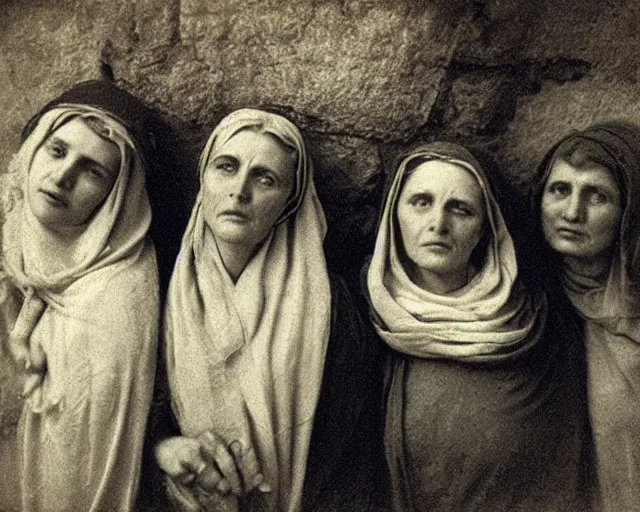 Image similar to the three marys at the sepulchre, expressive faces, julia margaret cameron