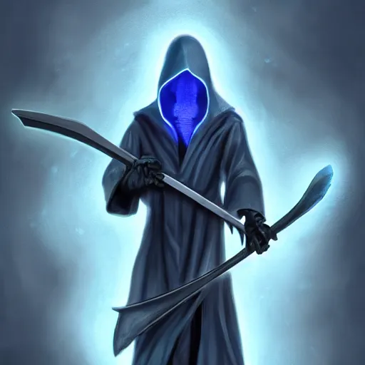 Image similar to grim reaper with a blue glowing scythe, digital art, digital painting, 4 k, hd, artstation, devian art, highly detailed