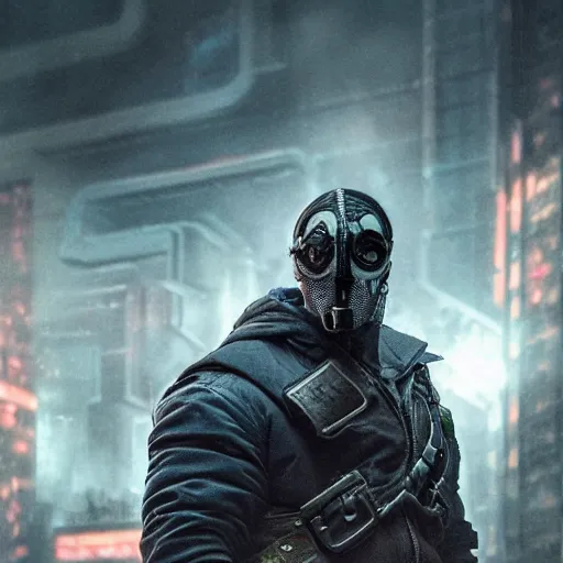 Prompt: bane as a cyberpunk character, 4k, high detail, high-resolution photograph, professional photography, ultra-detail