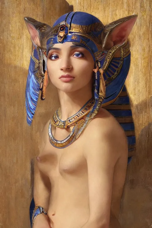 Image similar to soft light portrait of the beautiful egyptian goddess, bastet, bast, woman / cat hybrid, soft torchlight in an egyptian tomb, digital art by ruan jia and mandy jurgens and artgerm and william - adolphe bouguereau, by jean - leon gerome, highly detailed, trending on artstation, award winning,