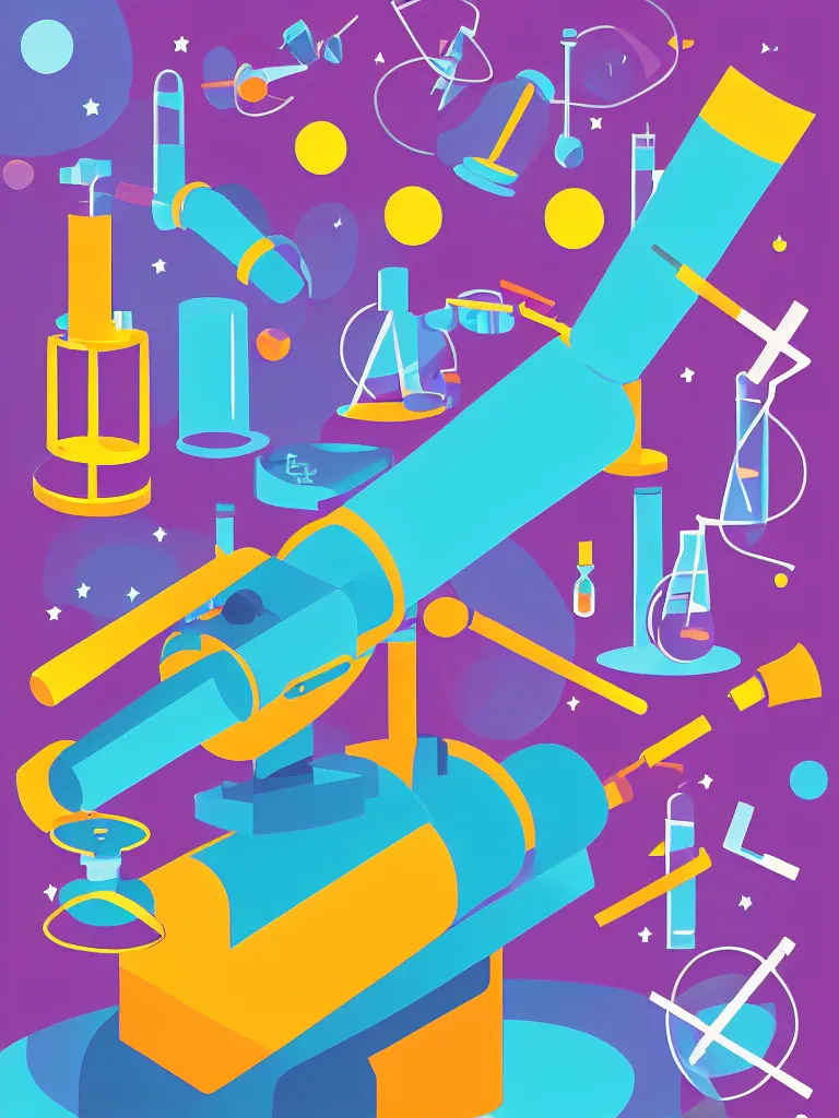 Image similar to editorial illustration scientific lab test tube telescope microscope spaceship, colorful modern, mads berg