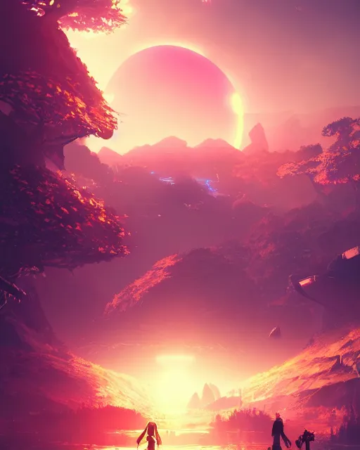 Prompt: beautiful landscape, nier automata, protoss!!!!, temple, machine planet, pink sun, tropical forest, colorful light, advanced technology, cinematic lighting, highly detailed, masterpiece, art by bastien grivet and darwin cellis and jan urschel