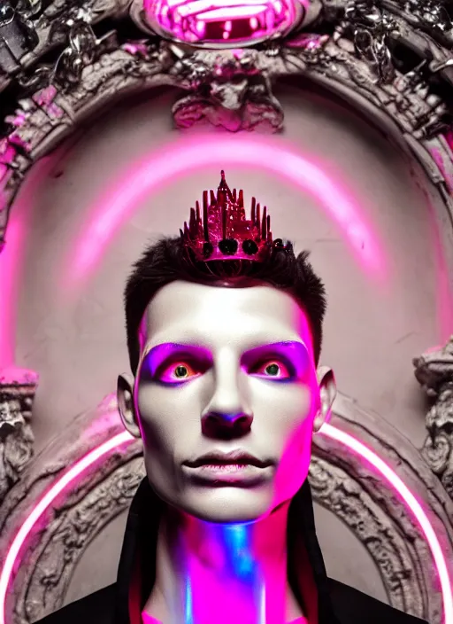 Prompt: photo of baroque and bladerunner delicate neon ruby sculpture of seductive ceramic albino king adrien sahores space pink iridescent humanoid deity wearing black fluffy hoody holding diamond skull in a black metallic dungeon, reclining, glowing rainbow face, crown of white diamonds, cinematic lighting, photorealistic, octane render 8 k depth of field 3 d