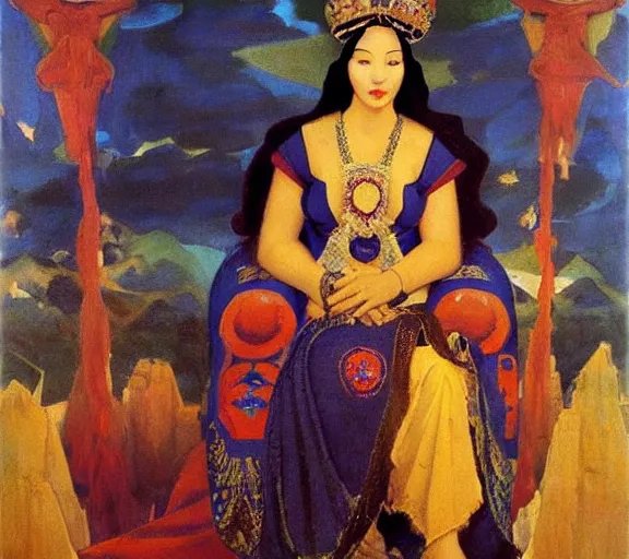 Prompt: an oil painting a queen with dark hair and white fair skin standing on a throne by nicholas roerich, by gustave moreau, by james hawe, by frank frazetta!, by georgia o keeffe, highly detailed, realistic, realism, manierism, oil painting, wide shot