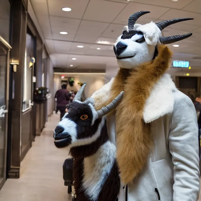Prompt: a person wearing a fursuit of a goat fursona, fursona, furry convention, hotel lobby, indoors, photograph, furry fandom, photorealistic,