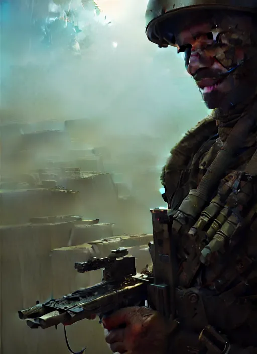 Prompt: closeup realistic portrait of a dystopian soldier in apocalyptic environment, backlit, oil painting, concept art, filip hodas, john howe, mike winkelmann, jessica rossier, andreas rocha, bruce pennington, albert bierstadt, peter mohrbacher, donato giancola, joseph christian leyendecker, wlop, boris vallejo