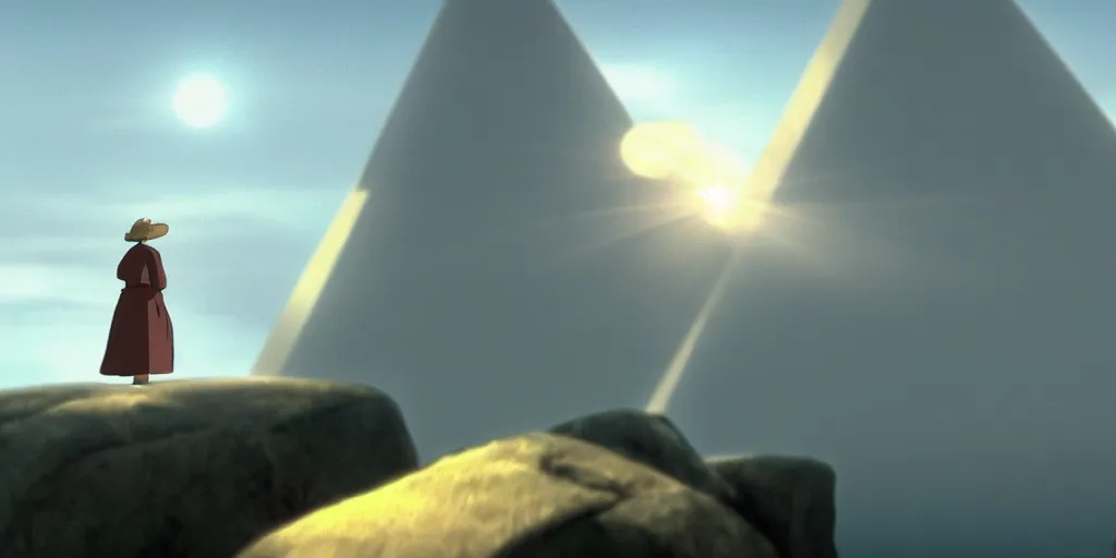 Image similar to a cell - shaded cartoon movie still from howl's moving castle ( 2 0 0 4 ) of a monk in a grey robe. in the background is a white pyramid with a golden capstone in the ocean. shafts of sunlight come from above. wide shot, very dull muted colors, hd, 4 k, hq