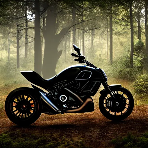 Image similar to portrait of a single ducati diavel in a vast forest landscape in the style of thomas cole, cinematic lighting, raytracing, 8 k, octane render, volumetric, vivid, beautiful, hyperrealism