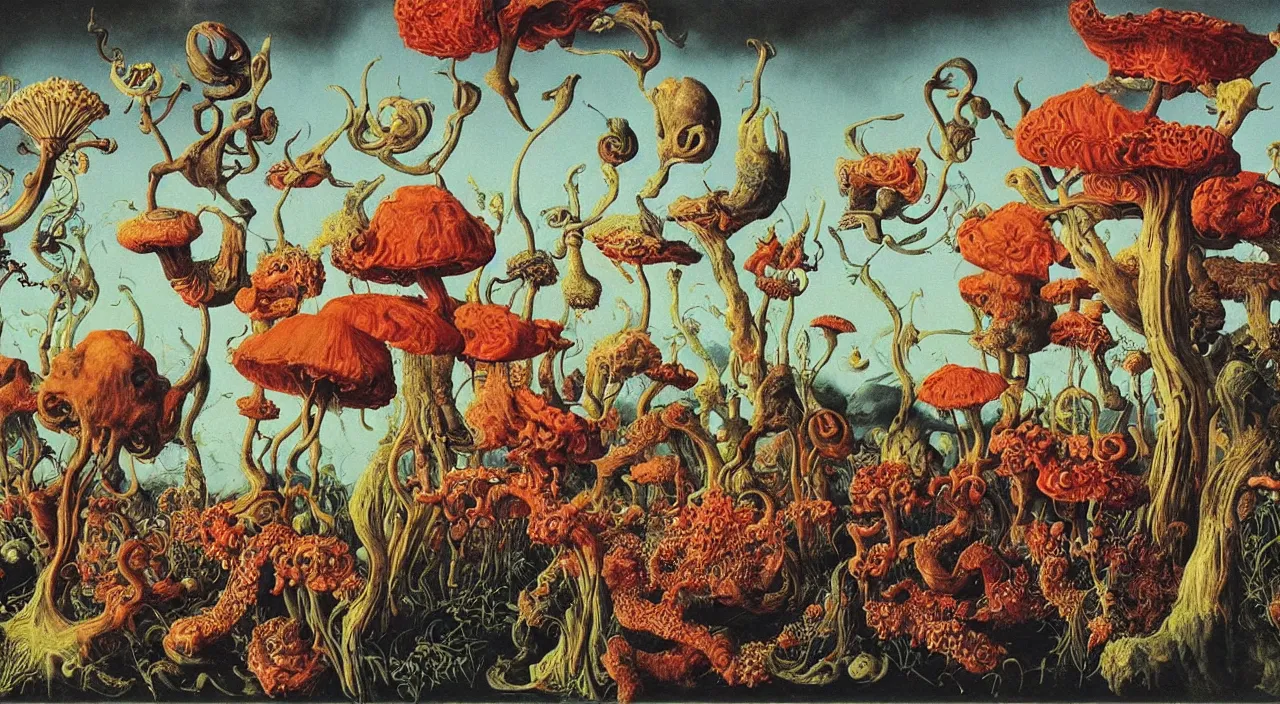 Image similar to a single colorful! ( lovecraftian ) fungus white! clear empty sky, a high contrast!! ultradetailed photorealistic painting by jan van eyck, audubon, rene magritte, agnes pelton, max ernst, walton ford, andreas achenbach, ernst haeckel, hard lighting, masterpiece