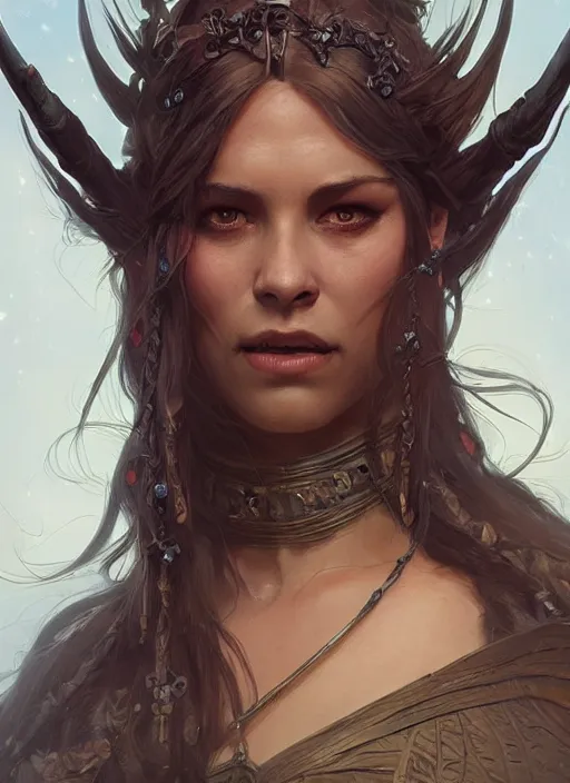Prompt: a beautiful female orc with long hair, portrait, d & d, face, fantasy, intricate, elegant, highly detailed, digital painting, artstation, concept art, smooth, sharp focus, 4 k uhd, illustration, mike mignola, art by artgerm and greg rutkowski and alphonse mucha