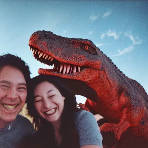 Image similar to polaroid of a happy dinosaur couple as the asteroid hits cinematic 3 5 mm 8 k hdr