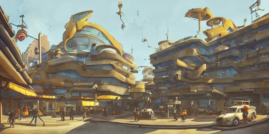 Image similar to overwatch building, stylized, exterior, architecture, in watercolor gouache detailed paintings, insanely detail, artstation, 8 k, futuristic, big medium small, arcane, simon stalenhag, food stall, interesting shapes & form, golden ratio