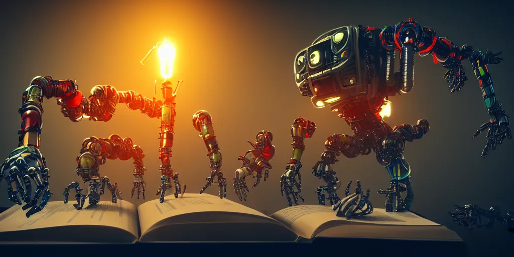 Image similar to A frightening multi armed evil robot devouring books with pipes and tubes and pages floating down, hyperealistic very colourful hdr cinematic lighting cgi render photorealistic cinematic octane render