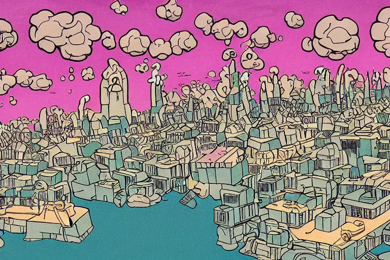 Image similar to mushroom cloud ghost city in the style of studio ghibli, miyazaki, jim woodring, edvard munch