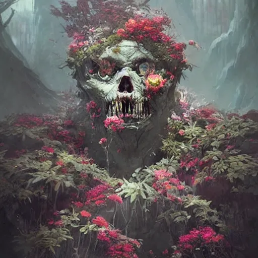 Image similar to a beautiful terrifying monster made out of flowers. ethereal horror fantasy art by greg rutkowski