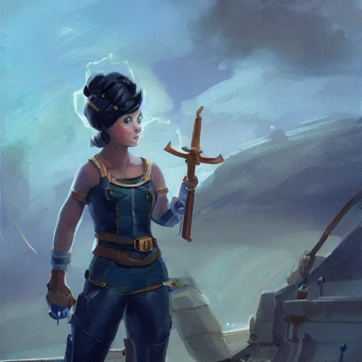Image similar to beautiful muscular female gnome engineer, casting lightning magic, short black pixie undercut hair, standing on ship deck, naval background, intricate, D&D, highly detailed, full body portrait, wide angle, digital painting, artstation, smooth, sharp focus, great composition, illustration, art by Greg Rutkowski, trending on artstation