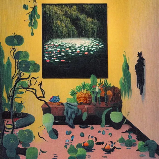 Image similar to painting of flood waters inside an apartment, tall female emo art student, a river flooding indoors, pomegranates, pigs, ikebana, water, river, rapids, waterfall, black swans, canoe, berries, acrylic on canvas, surrealist, by magritte and monet