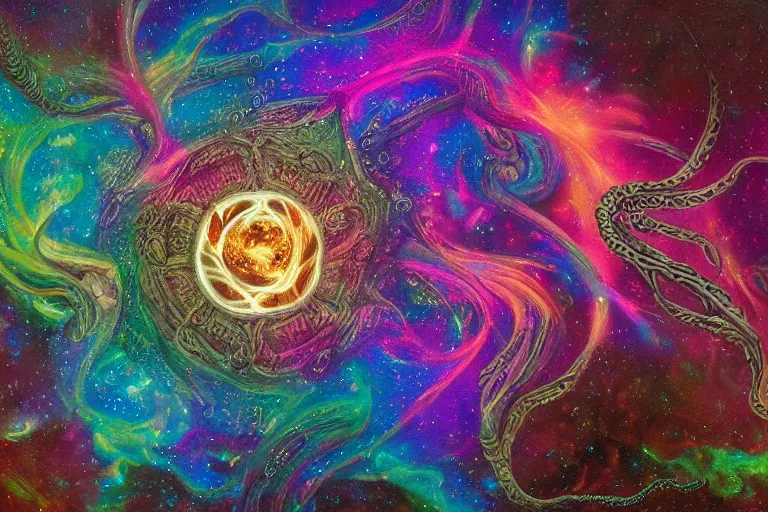 Image similar to a intricate mandala of peace signs with deep and intricate rune carvings and twisting lovecraftian tentacles emerging from a space nebula by dan mumford, twirling smoke trails, a twisting vortex of dying galaxies, collapsing stars, digital art, photorealistic, vivid colors, highly detailed, intricate