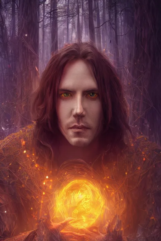 Prompt: Portrait of Matt Mercer, magical, forest, evening, yellow mist, Critical Role, DM, symmetrical face, large eyes, hyper realistic, digital art, octane render, trending on artstation, artstationHD, artstationHQ, unreal engine, 4k, 8k