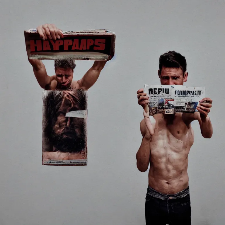 Image similar to realistic exposed expired fuji film portrait of a man holding up a magazine named kampanje, hyperrealism, hypermaximalism, photorealistic, detailed, atmospheric, 8 k, award winning photography, cinematic