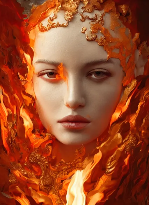 Image similar to sculpture made of flame, portrait, female, future, torch, fire, harper's bazaar, vogue, fashion magazine, intricate, concept art, close up, ornate, luxury, elite, elegant, trending on artstation, by ruan jia, by Kenneth Willardt, by ross tran, by WLOP, by Andrei Riabovitchev,