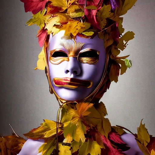 Image similar to close up portrait of a mysterious humanoid, gold leaves, violet silk threads, venetian masks, mouth gags, fashion magazine, portrait photography, annie leibovitz, david lazar, 1 0 5 mm, in autumn, 8 k hd, detailed