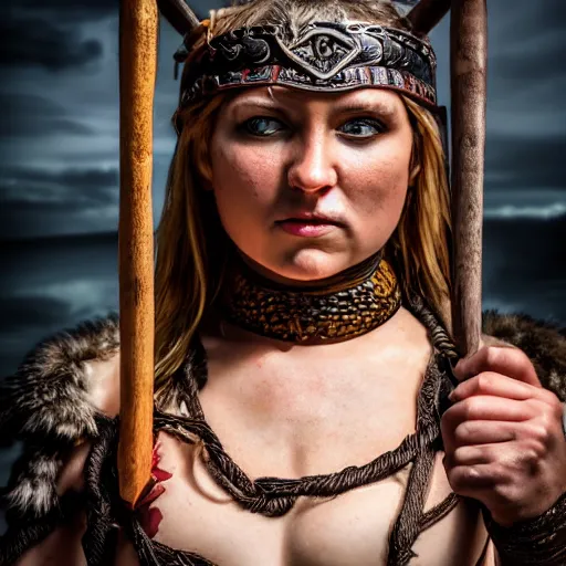 Image similar to photo shoot pose photo of the viking female warrior on the viking wooden throne in the dark wooden viking palace lobby, femine attractive symmetrical face, big eyes and lips, beautiful clean face and body skin, brutal joyful face expression, wears ornamental jewelry and bikini, torches alit in the background, depth of field, lens flare, moody lighting, moody photography, old photo, black and white, sepia, cinematic lighting, cinematic angle, editorial photography,award-winning