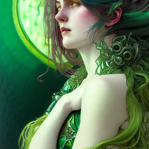 Prompt: Portrait of a girl with green hair and glowing halo and highly detailed intricate wings, art nouveau, fantasy, intricate, elegant, highly detailed, digital painting, artstation, concept art, smooth, sharp focus, illustration, art by Krenz Cushart and Artem Demura and alphonse mucha