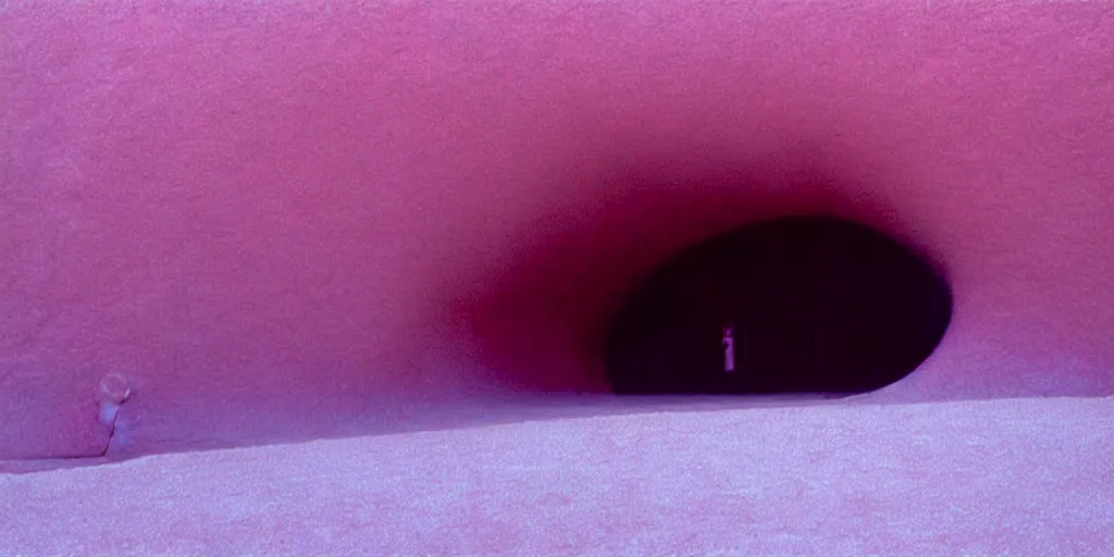 Prompt: a strange huge translucent pvc inflated organic architecture building with pink fluffy fur inside by anish kapoor sits in the rock mountains, film still from the movie directed by denis villeneuve with art direction by zdzisław beksinski, close up, telephoto lens, shallow depth of field