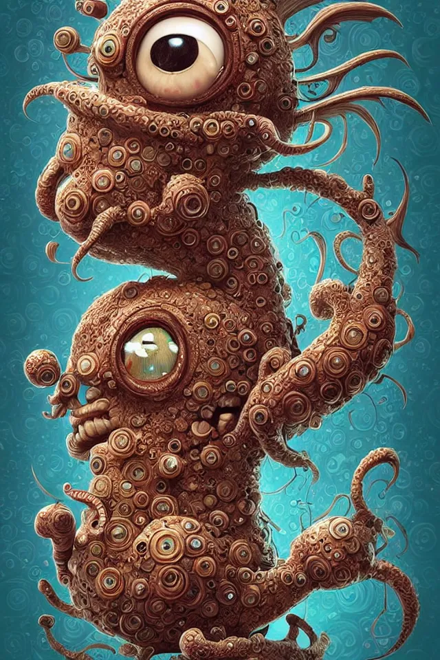 Image similar to an intricate cute monster by kokaris, naoto hattori, moebius and android jones