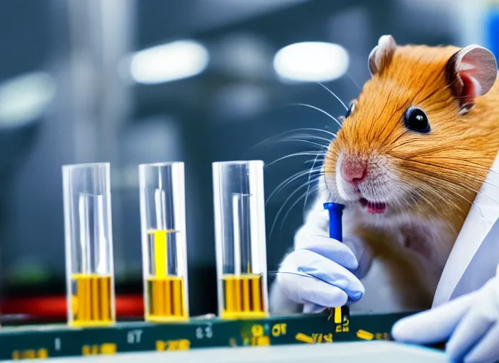 Prompt: film still of a hamster working in a research lab filling test tubes, 8 k