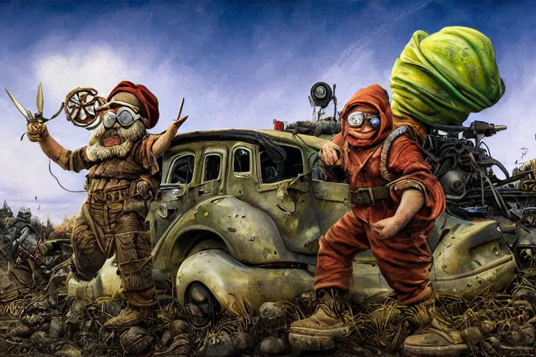 Image similar to a highly detailed garden gnome wearing goggles and head scarf holding onto the side of a caravan as its speeding down the highway, hopeless wasteland background with a relentless raging sun overhead, post - apocalyptic road warrior vibe, full body, wide angle, an ultrafine detailed painting by p. craig russell and barry windsor - smith, trending on deviantart, octane, masterpiece