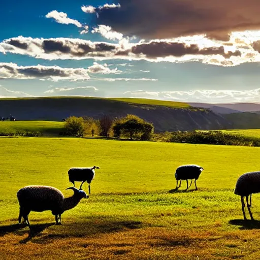 Prompt: a beautiful landscape with a lake, sheep grazing, cinematic light, long shadows,