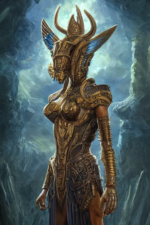 Image similar to Mystical Valkyrie, Portrait of a beautiful female Atlantean Anubis Alien Warrior, Regal, Realistic, Refined, Detailed Digital Art, Oil Painting, Michael Cheval, Esao Andrews, Art Frahm, Steampunk, Walt Disney (1937), Highly Detailed, Cinematic Lighting, Unreal Engine, 8k, HD