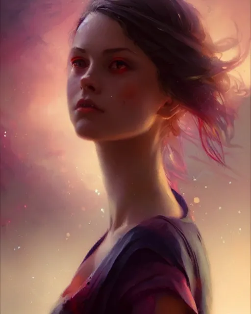 Prompt: girl portrait by greg rutkowski and charlie bowater, vivid, aesthetic, fine details, colorful swirly ripples, gaudy colors, luminescent, organic matte painting, realistic eyes, masterpiece, busy background, bokeh, depth of field