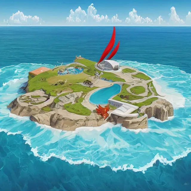 Prompt: a remote island research station in the middle of the ocean, rhads!!!, magical realism, urban fantasy, saturday morning cartoon, clean linework, ( alexander archipenko ), ( tex avery ), western animation