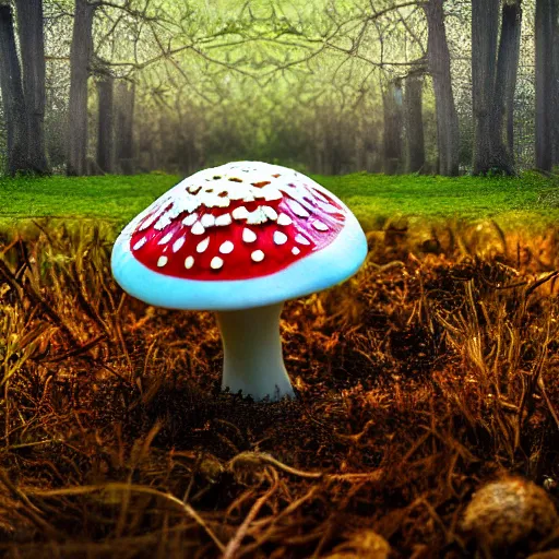 Prompt: realistic photo of amanita muscaria in rays of light, dew, grass, forest, medium depth of field