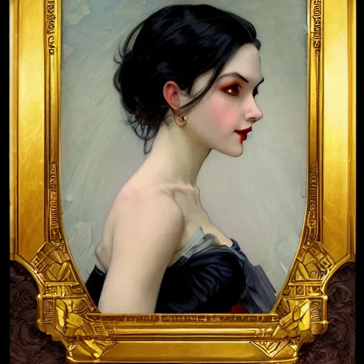 Image similar to portrait of a very beautiful vampire by Stanley Artgerm Lau , greg rutkowski, thomas kindkade, alphonse mucha, loish, norman rockwell, J. C. Leyendecker. dark black hair, pale skin, detailed eyes, red lips, smiling, looking straight. Trending on artstation rule of thirds detailed ink painting hd 4k