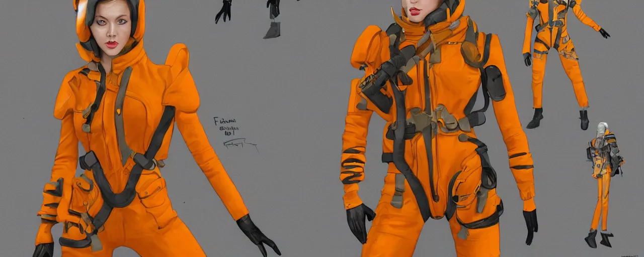 Image similar to character design, fashion reference sheet, gaunt, 70's jetfighter pilot girl, optimistic, dirty yellow and orange flight suit, scuffed exoskeleton in a dark hangar, concept art, photorealistic, hyperdetailed, 3d rendering!, studio lighting , art by Frazetta,