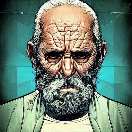 Image similar to “portrait of an old man. High quality sci fi illustration. Mœbius. Gruff looking. Grease. Mechanic. Masterpiece digital art.”